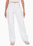 Jean recto tipo cargo con bolsillos laterales color blanco, denim para mujer - Flashy