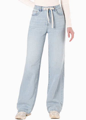 Jean Semi wide leg tiro alto con cinta para anudar en cintura color azul para mujer - Flashy