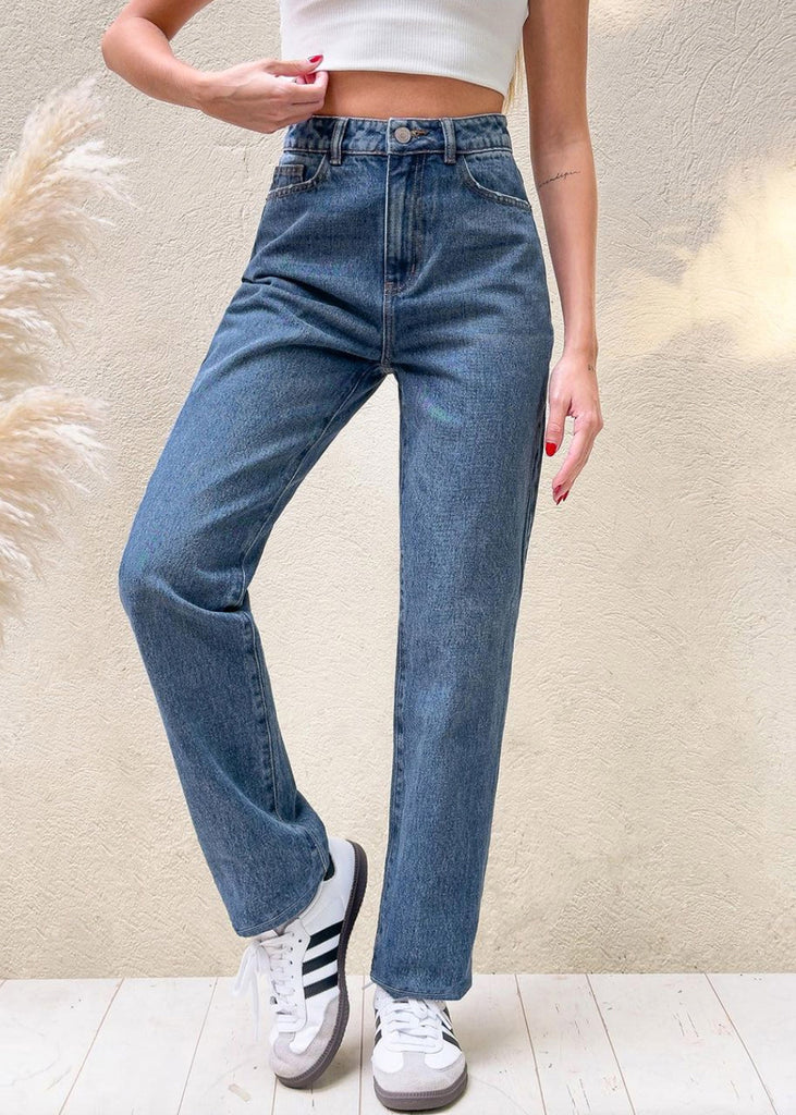 Jean tiro alto recto color azul, denim para mujer - Flashy