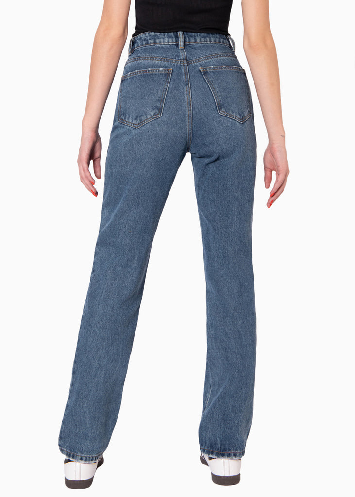 Jean tiro alto recto color azul, denim para mujer - Flashy