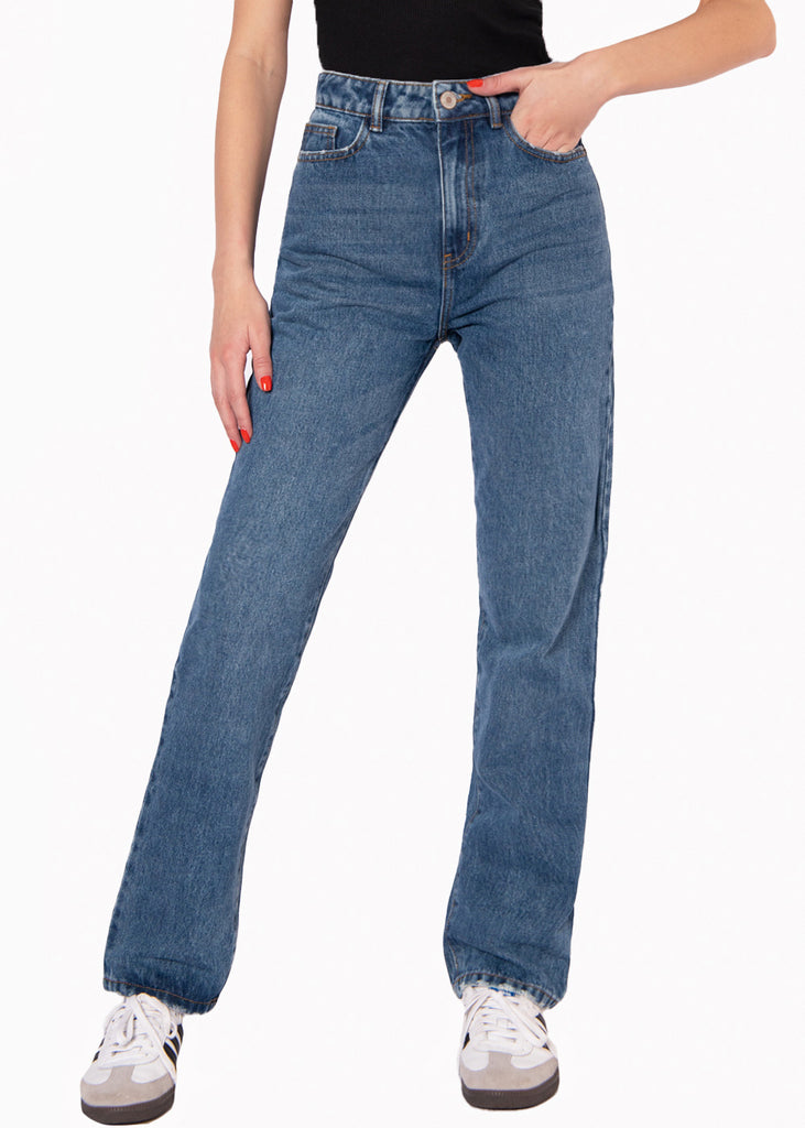 Jean tiro alto recto color azul, denim para mujer - Flashy
