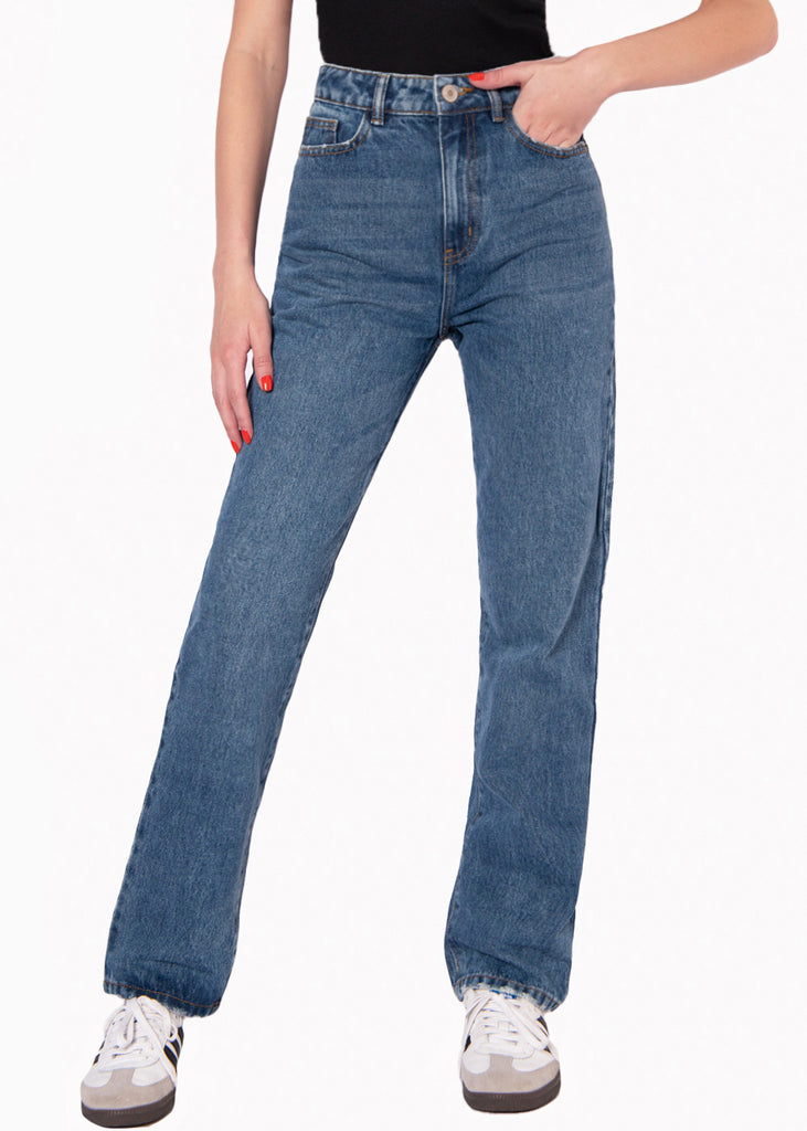 Jean tiro alto recto color azul, denim para mujer - Flashy