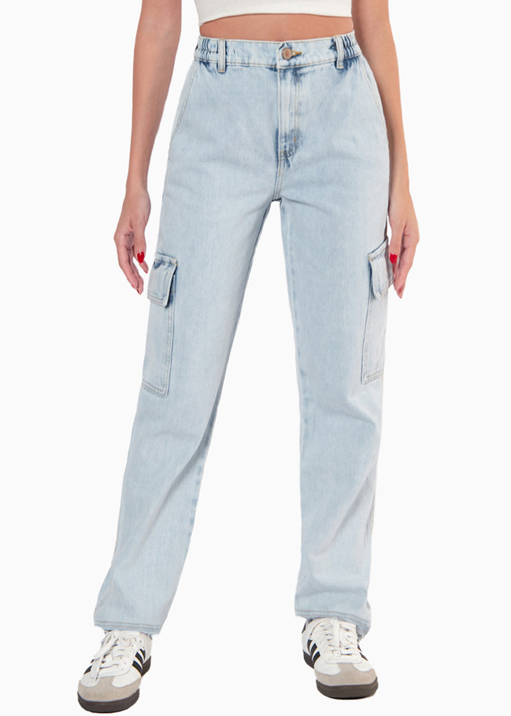 Jean tiro medio recto tipo cargo color azul, denim para mujer - Flashy