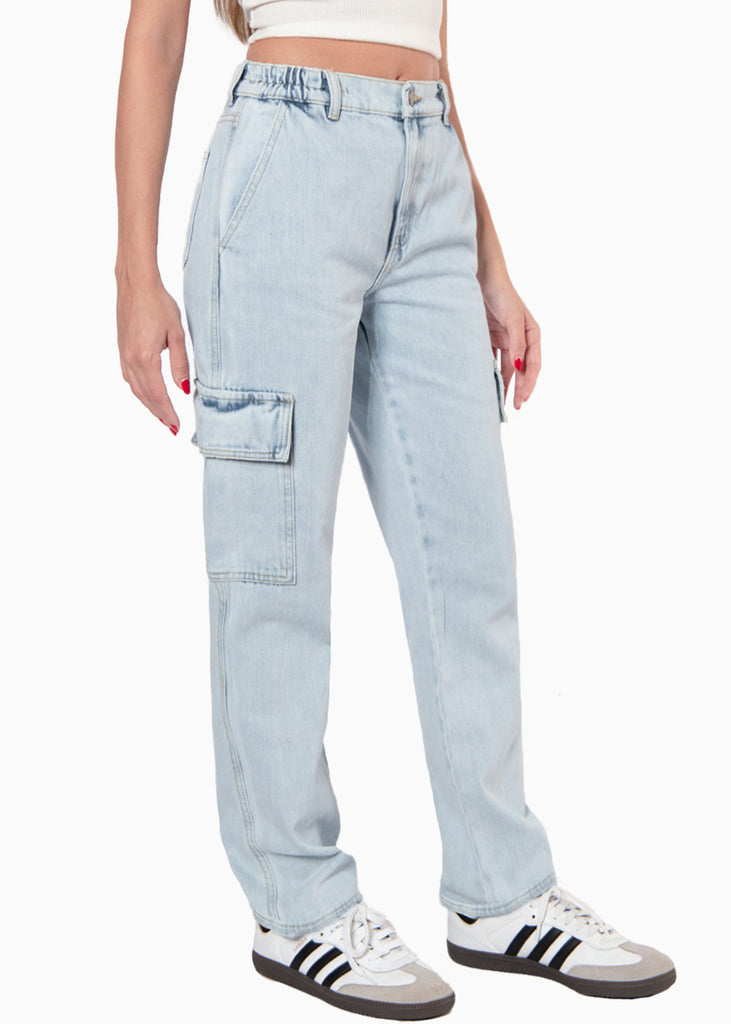 Jean tiro medio recto tipo cargo color azul, denim para mujer - Flashy