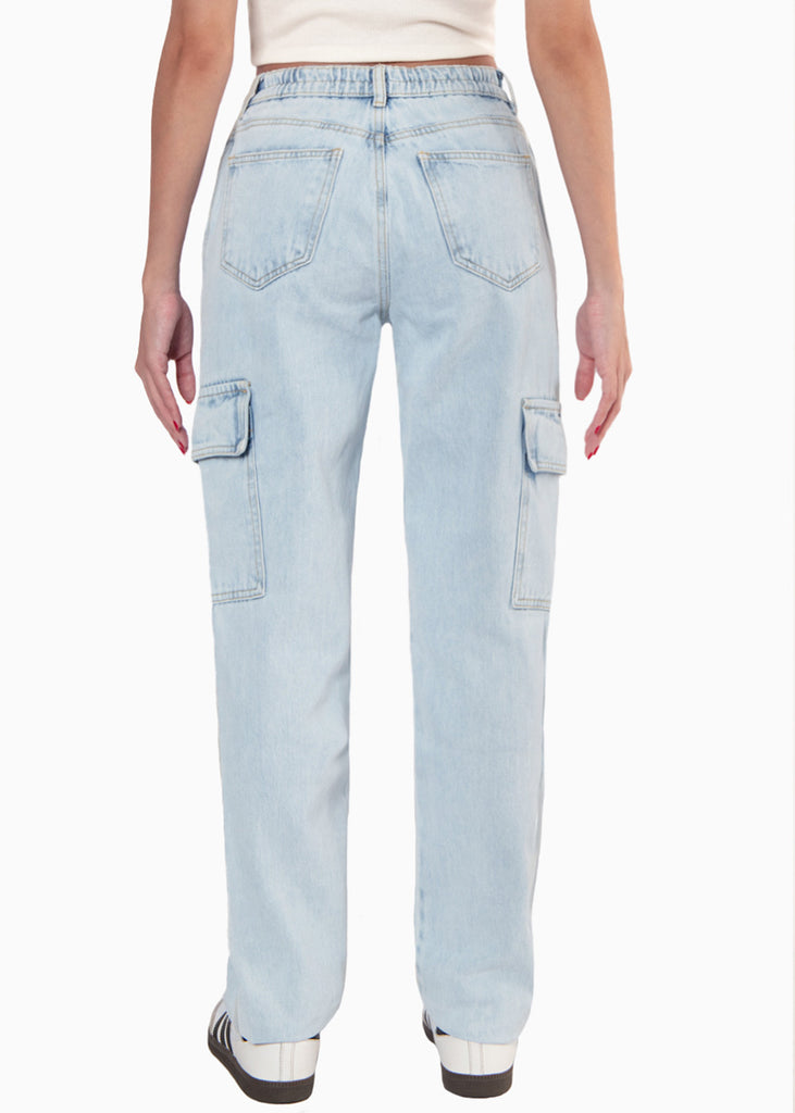 Jean tiro medio recto tipo cargo color azul, denim para mujer - Flashy