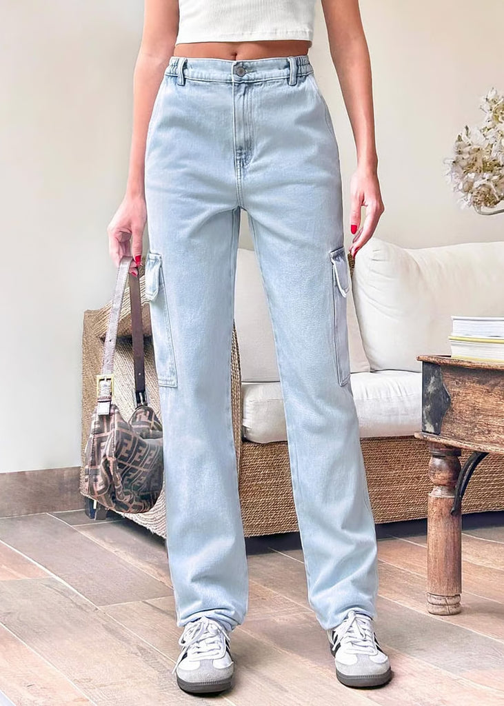 Jean tiro medio recto tipo cargo color azul, denim para mujer - Flashy