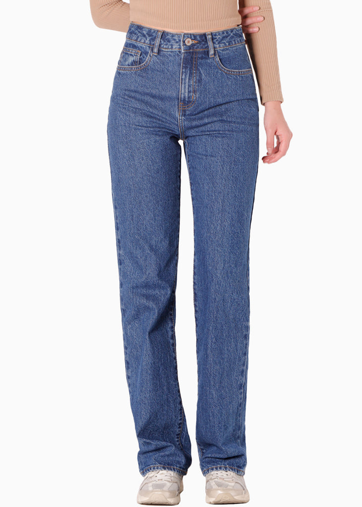 Jean tiro alto silueta recta color azul para mujer - Flashy