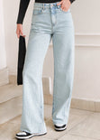 Jean tiro alto silueta wide leg ruedo al corte  color azul para mujer - Flashy