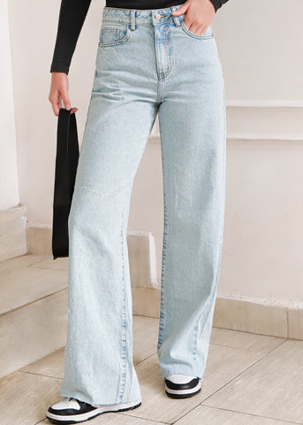 Jean tiro alto silueta wide leg ruedo al corte  color azul para mujer - Flashy