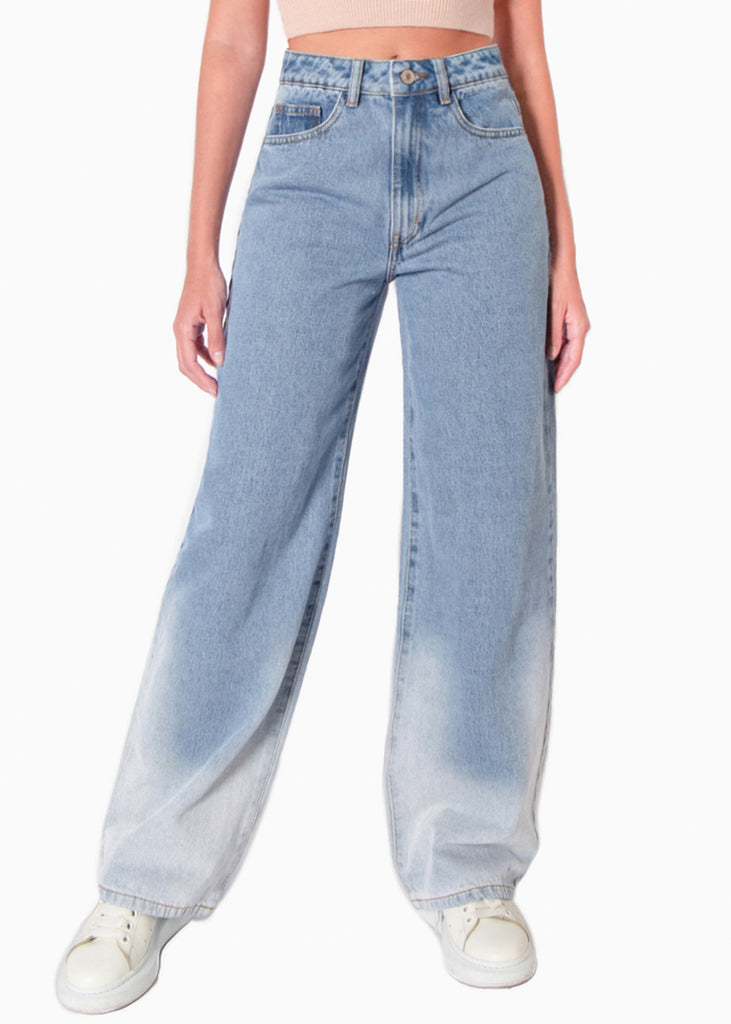 Jean tiro alto wide leg full length color azul, denim para mujer - Flashy