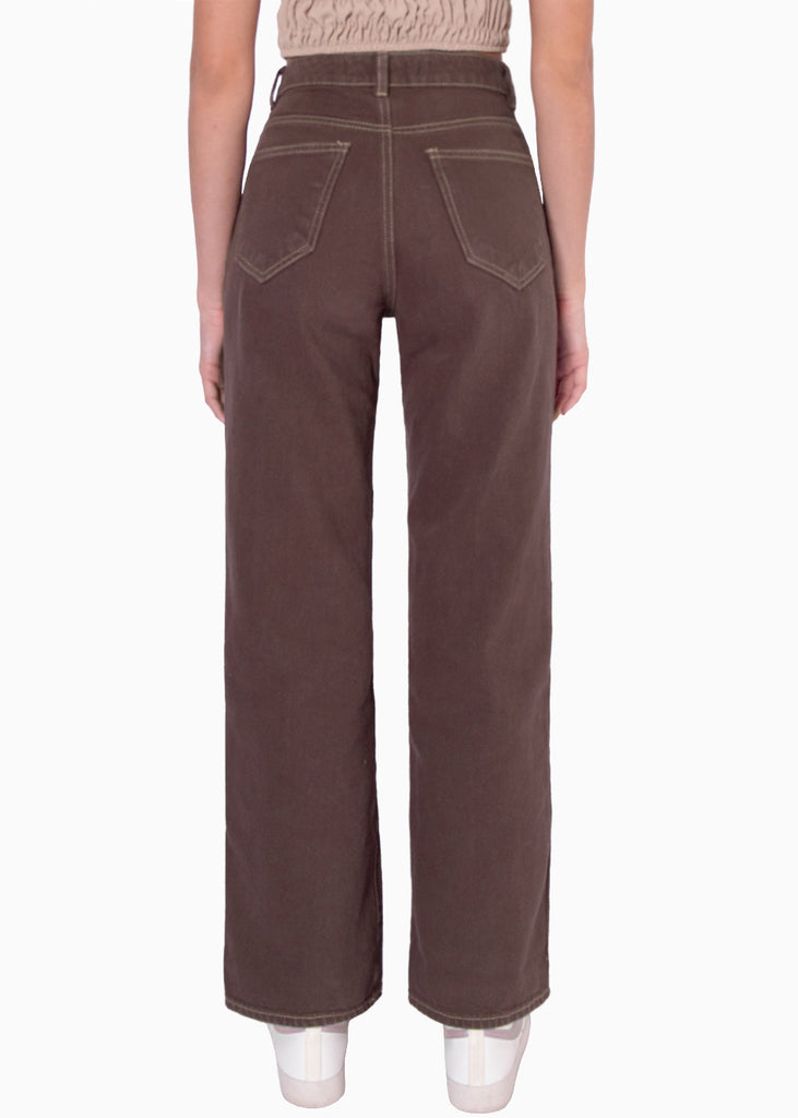 Jean tiro alto wide leg color café, denim para mujer - Flashy