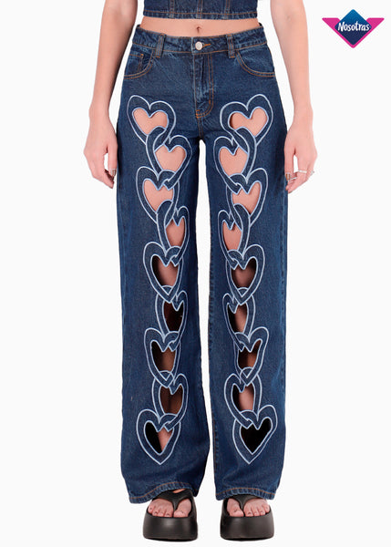 Jean wide leg con cadena corazones bordados para mujer - Flashy
