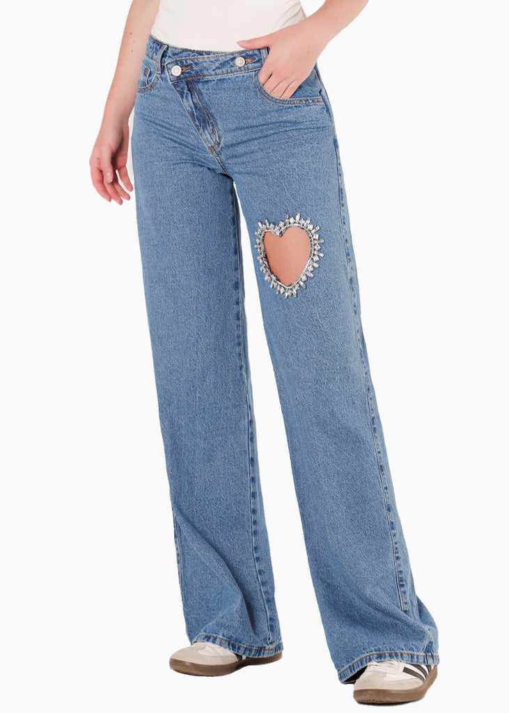 Jean wide leg con pretina cruzada, con corazón e insumo de brillo - FLUIR