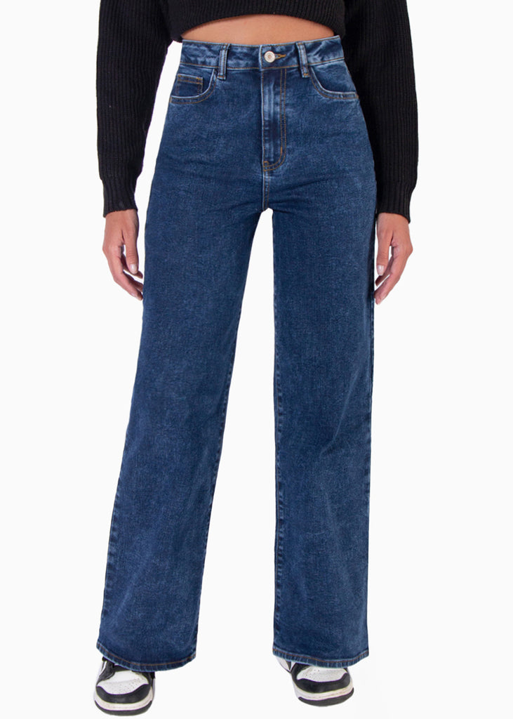 Jean wide leg de tiro alto color azul, denim para mujer - Flashy