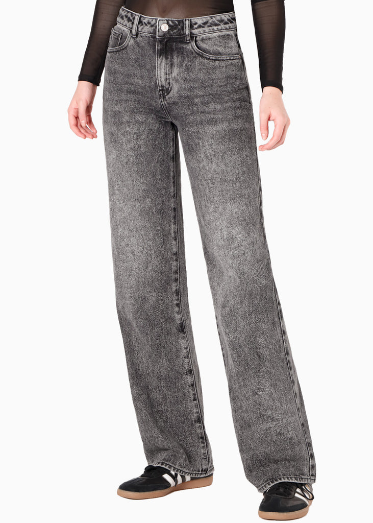 Jean wide leg tiro medio color gris para mujer - Flashy