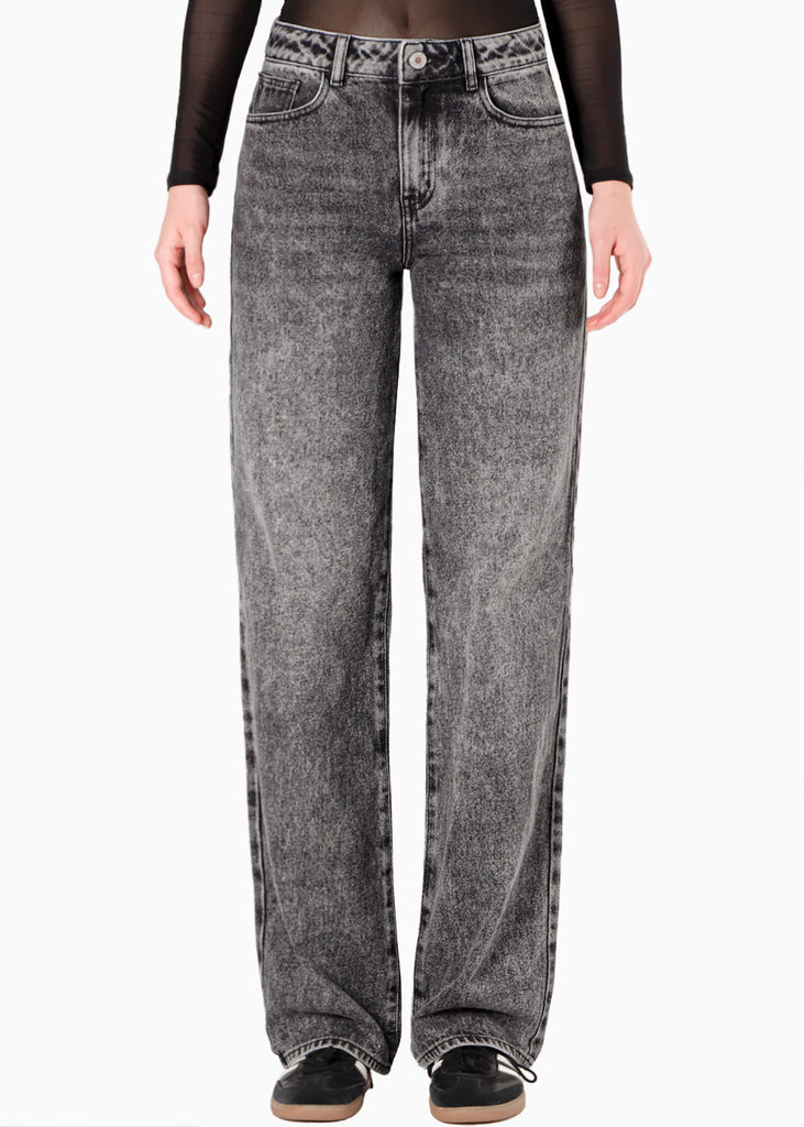 Jean wide leg tiro medio color gris para mujer - Flashy