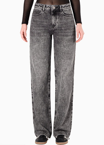 Jean wide leg tiro medio color gris para mujer - Flashy