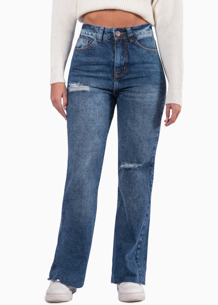 Jean wide leg tiro alto con rotos color azul, denim para mujer - Flashy