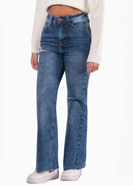 Jean wide leg tiro alto con rotos color azul, denim para mujer - Flashy