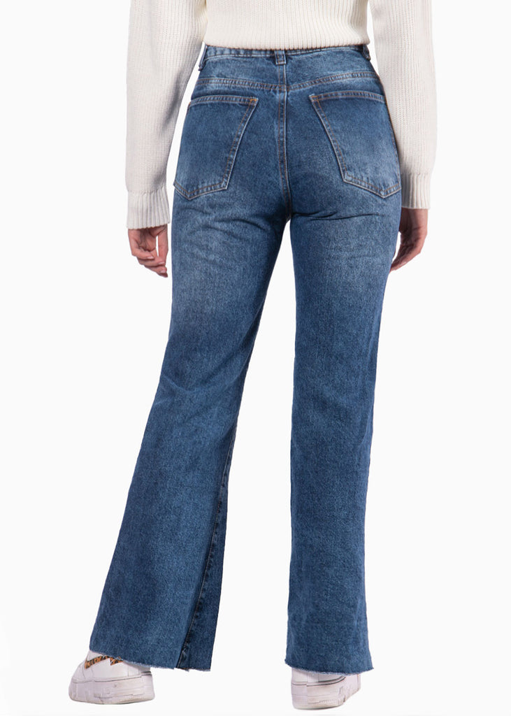 Jean wide leg tiro alto con rotos color azul, denim para mujer - Flashy