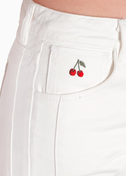 Jean wide leg tiro medio con anudado en bota color blanco, marfil para mujer - Flashy
