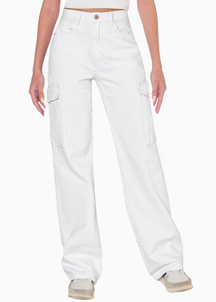 Jean recto tipo cargo con bolsillos laterales color blanco, denim para mujer - Flashy