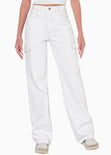 Jean recto tipo cargo con bolsillos laterales color blanco, denim para mujer - Flashy