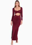 Maxivestido con manga larga y corte en abdomen color vino para mujer - Flashy