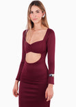 Maxivestido con manga larga y corte en abdomen color vino para mujer - Flashy