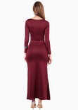 Maxivestido con manga larga y corte en abdomen color vino para mujer - Flashy
