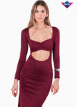 Maxivestido con manga larga y corte en abdomen color vino para mujer - Flashy