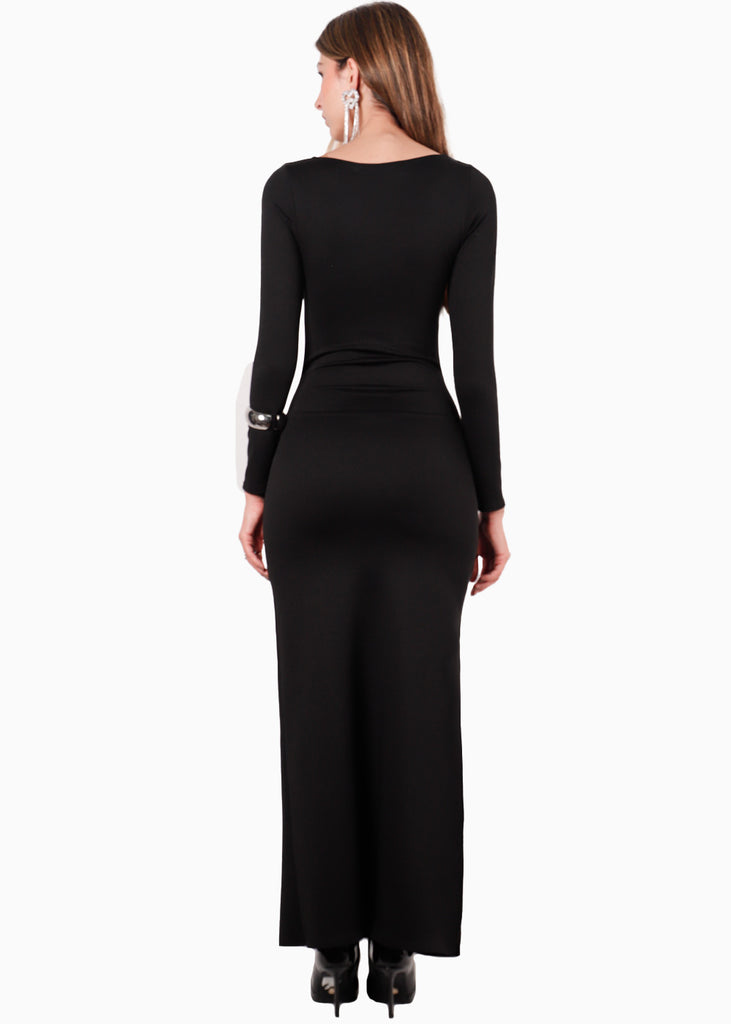 Maxivestido con manga larga y corte en abdomen para mujer - Flashy