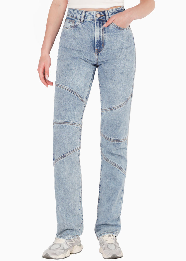 Mom jean con cortes y de tiro alto color azul para mujer - Flashy
