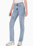 Mom jean con cortes y de tiro alto color azul para mujer - Flashy