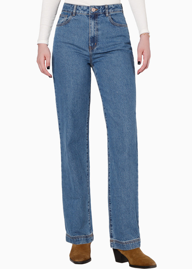 Mom recto de tiro alto color azul, denim para mujer - Flashy