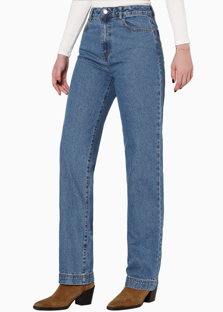 Mom recto de tiro alto color azul, denim para mujer - Flashy
