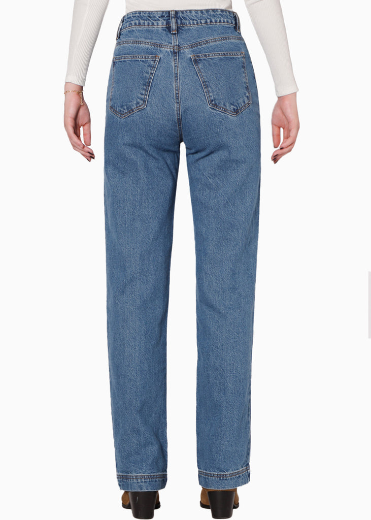 Mom recto de tiro alto color azul, denim para mujer - Flashy