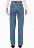 Mom recto de tiro alto color azul, denim para mujer - Flashy
