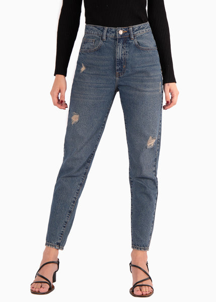 Mom jean color azul, denim para mujer - Flashy