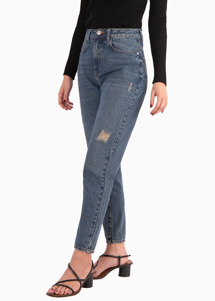 Mom jean color azul, denim para mujer - Flashy