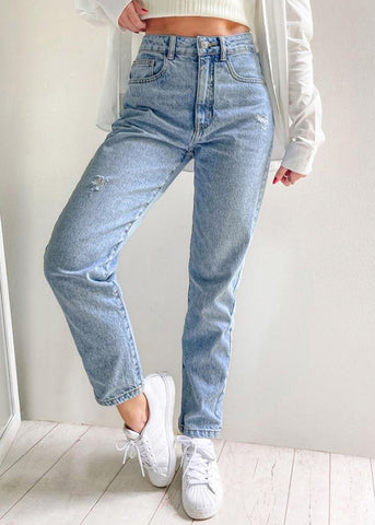 Mom jean color azul, denim para mujer - Flashy