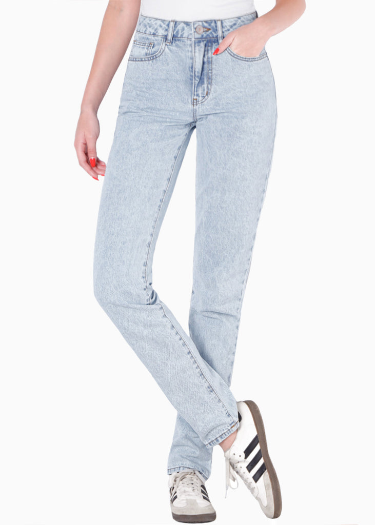 Mom jean tiro alto color azul para mujer - Flashy