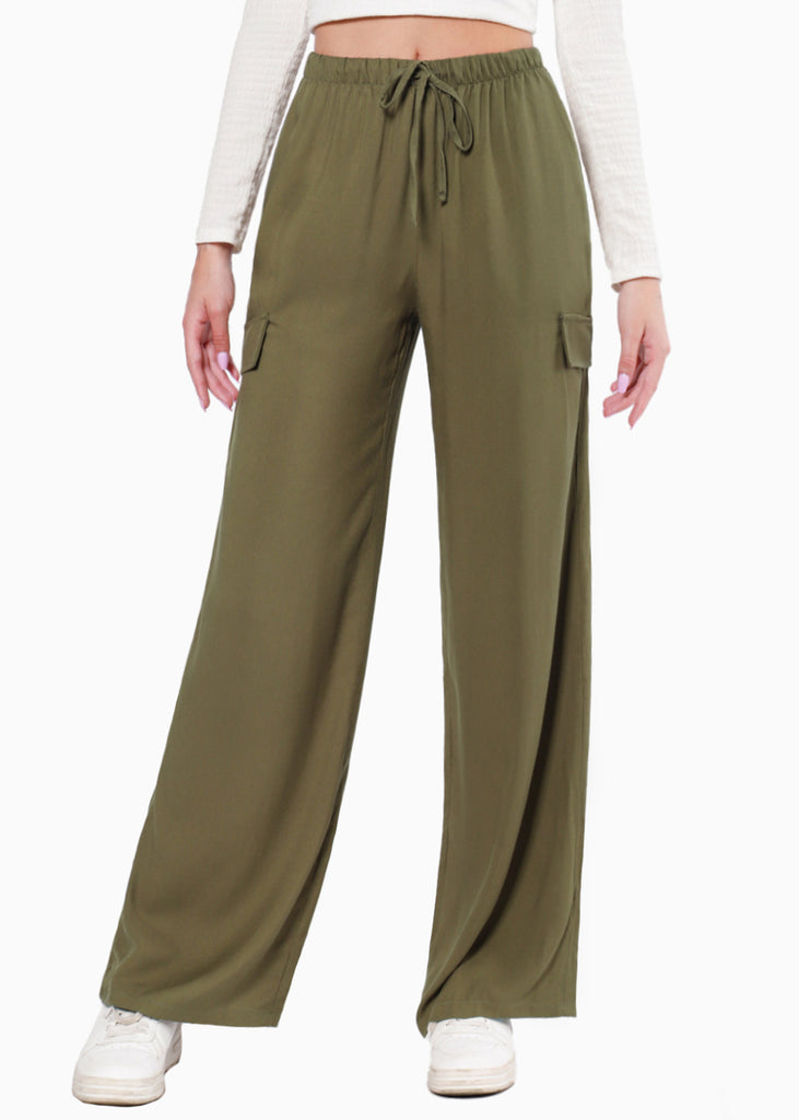 Pantalón ancho con bolsillos cargo, elástico en cintura y anudado color verde para mujer - Flashy