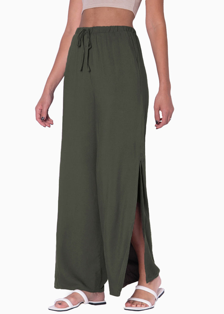 Pantalón ancho con elástico en cintura y anudado color verde para mujer - Flashy