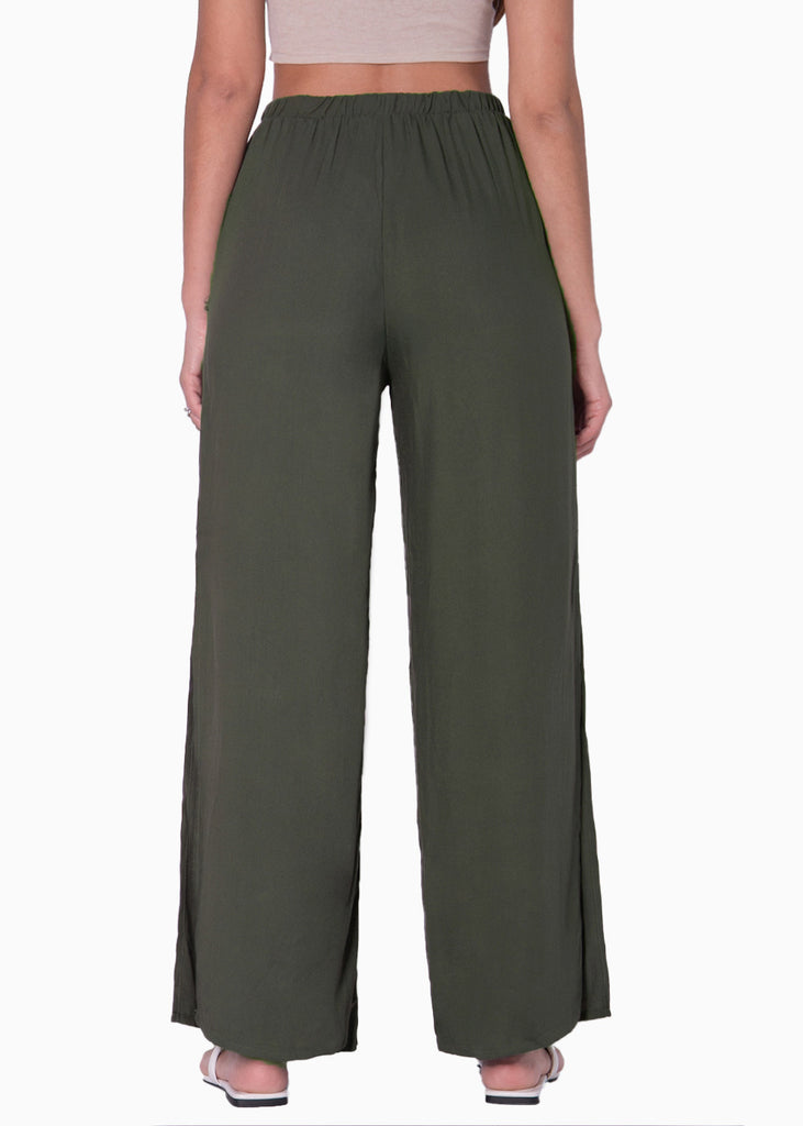 Pantalón ancho con elástico en cintura y anudado color verde para mujer - Flashy