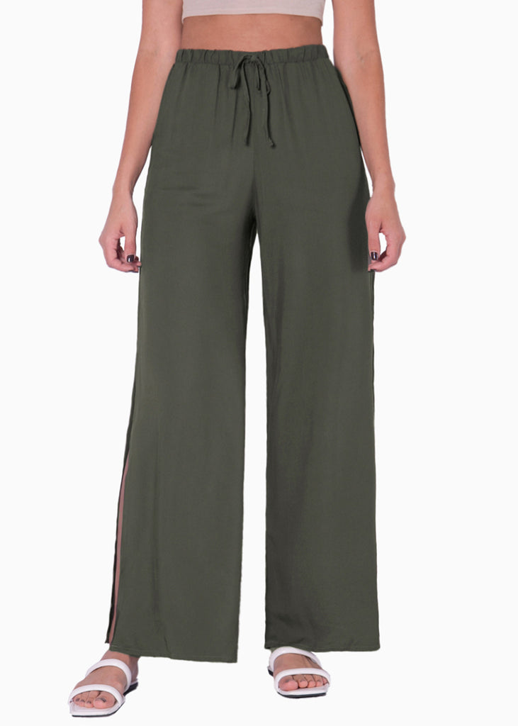 Pantalón ancho con elástico en cintura y anudado color verde para mujer - Flashy