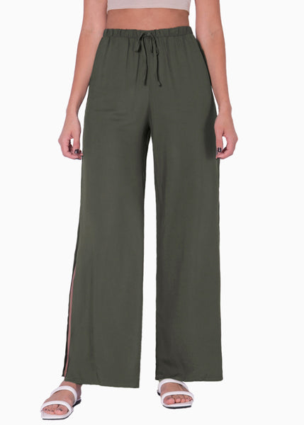 Pantalón ancho con elástico en cintura y anudado color verde para mujer - Flashy
