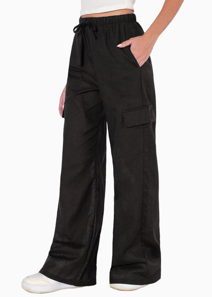 Pantalón ancho tipo lino con bolsillos cargo, elástico en cintura y anudado color negro para mujer - Flashy