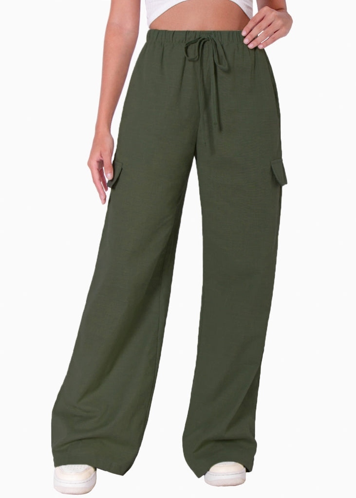 Pantalón ancho tipo lino con bolsillos cargo, elástico en cintura y anudado - NOELLA
