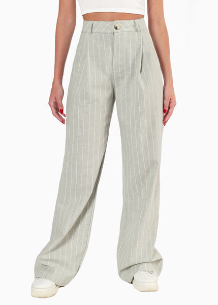 Pantalón ancho tipo sastre de lino y rayas color verde para mujer - Flashy